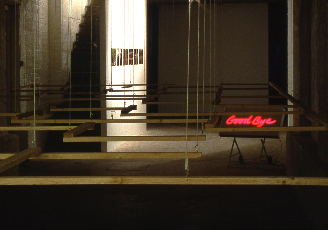 Mobile lightbox sculpture 'Good Bye' in the exhibition Rational Behaviour, 1996